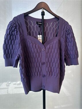 Express Purple Short-Sleeve Knit Button-Up Cardigan